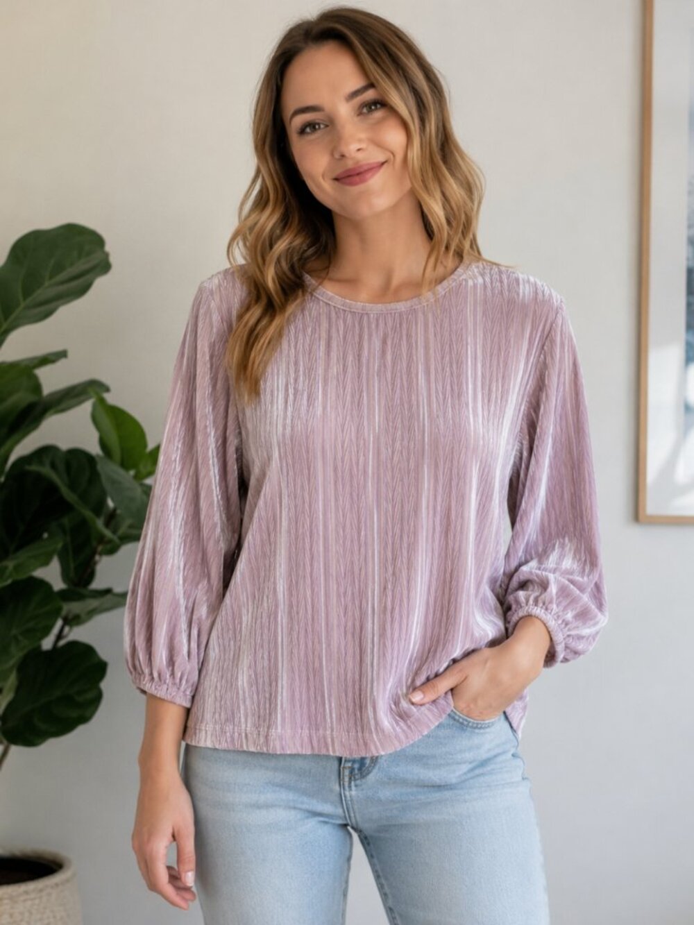 World Market, Lilac Embossed Velvet Balloon Sleeve Blouse S/M